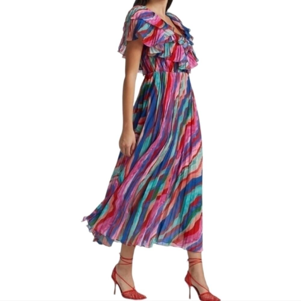 AMUR Luisa Pleated Striped Midi Dress NWT Size 8 Watercolor Ruffle